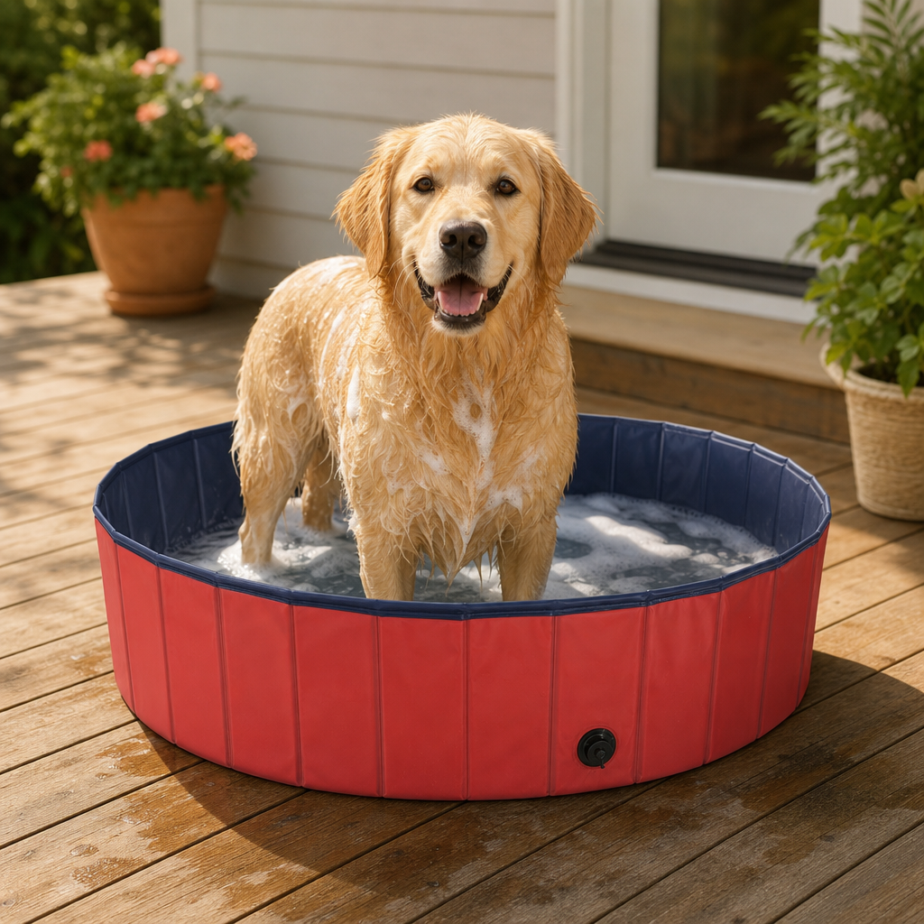 Dog in foldable pet bathtub lifestyle
