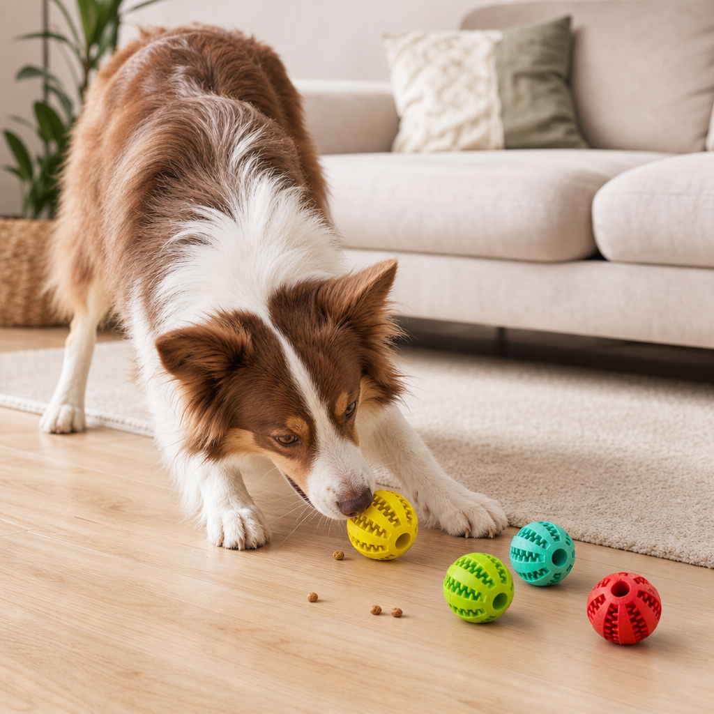 Dog playing with treat feeding ball lifestyle