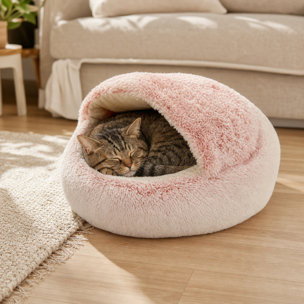Cat sleeping in plush round winter bed lifestyle