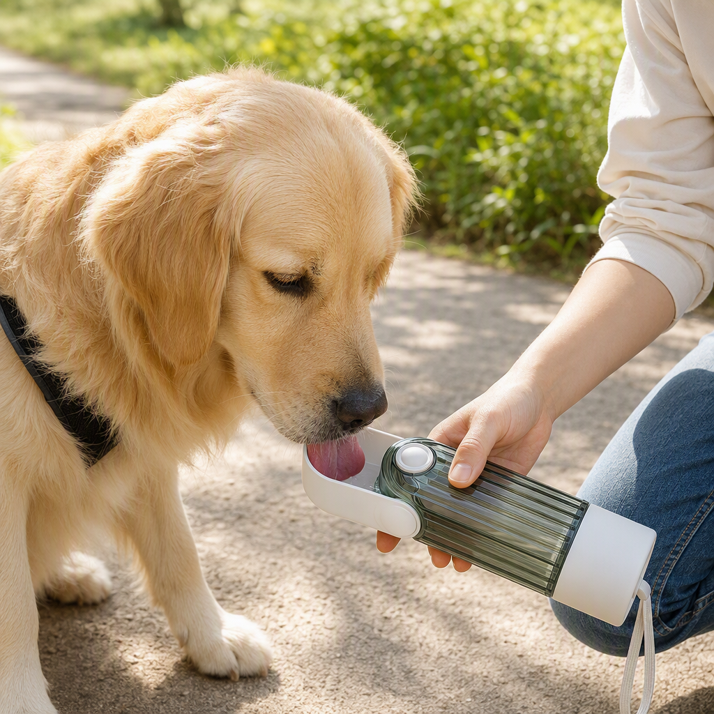Dog drinking from portable travel water cup lifestyle