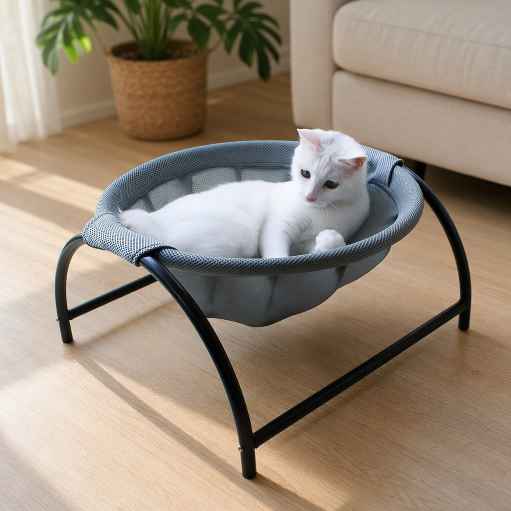 Cat lounging on free-standing hammock bed lifestyle