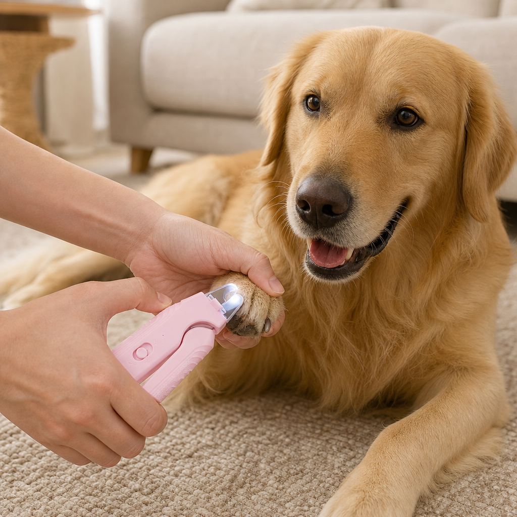 LED pet nail clipper used on dog paw lifestyle v2