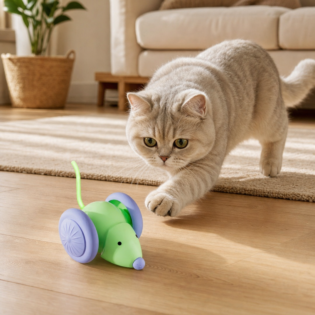 Cat chasing electric mouse car toy lifestyle