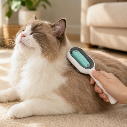4-in-1 water spray grooming brush used on cat lifestyle