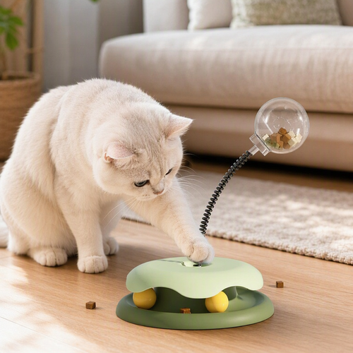 Cat playing with treat turntable puzzle lifestyle
