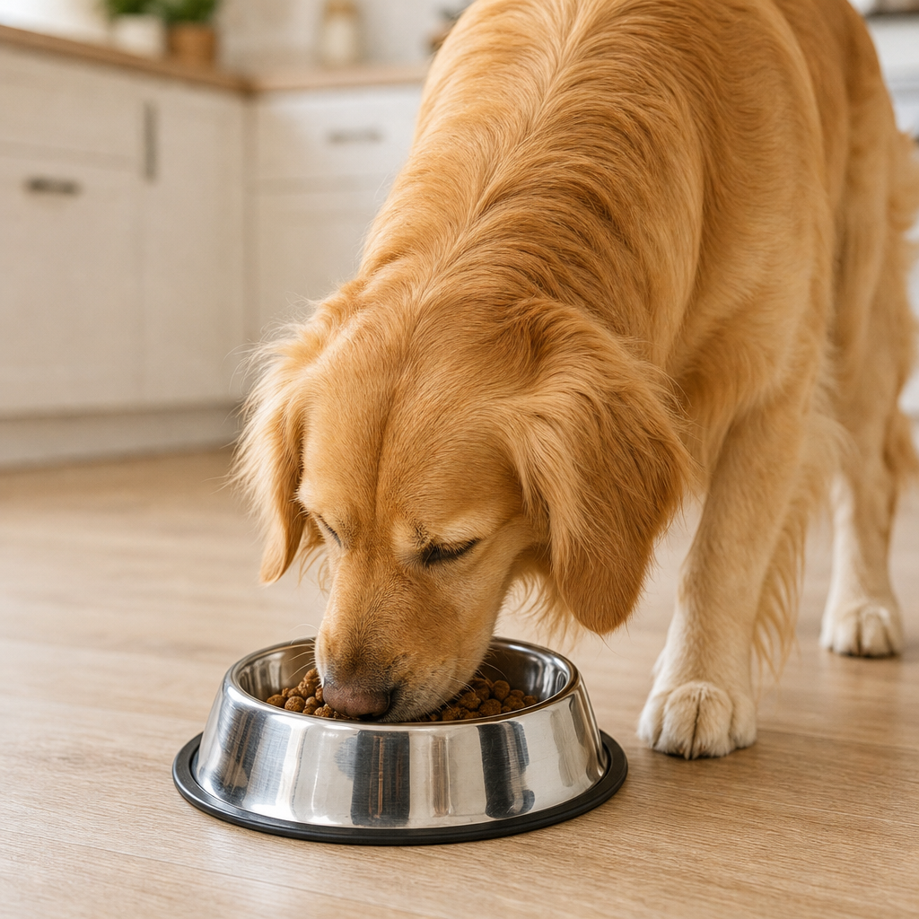 Dog eating from stainless steel pet bowl lifestyle