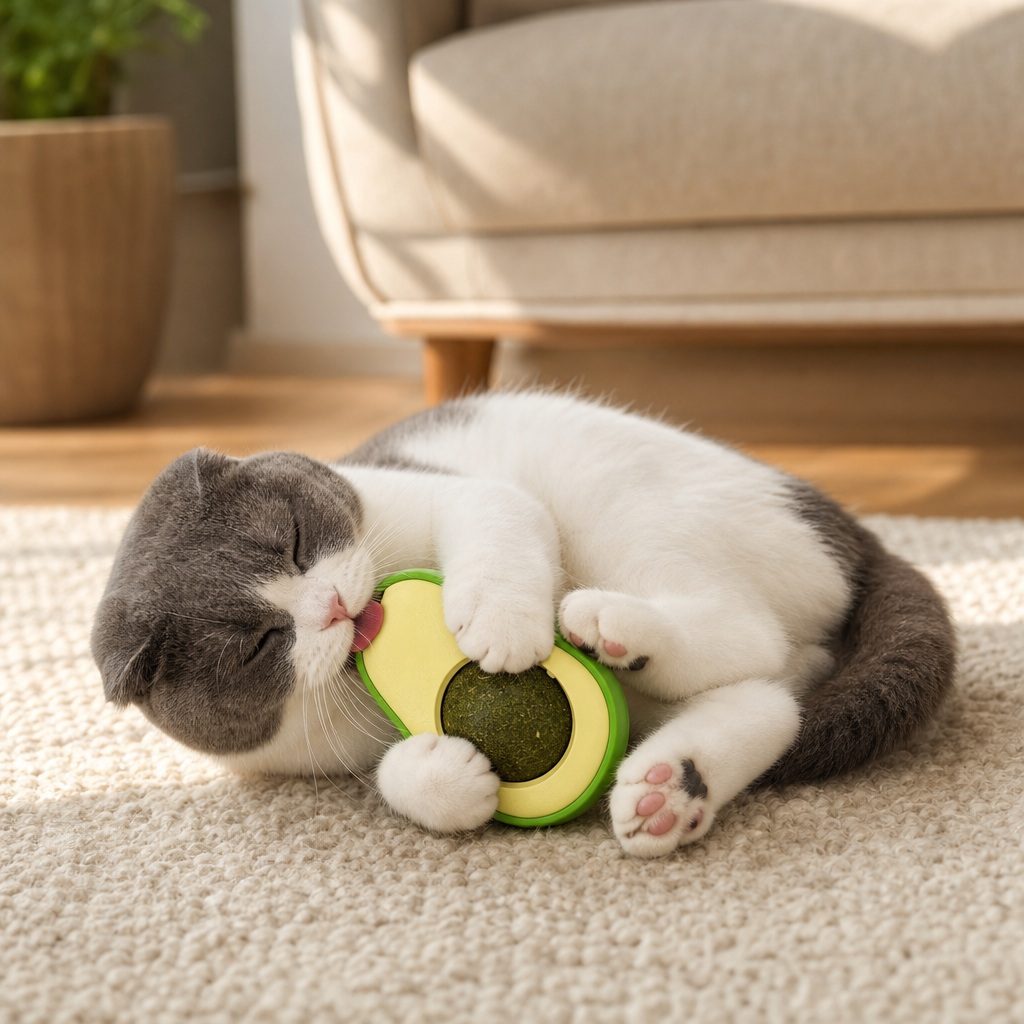 Cat hugging avocado catnip plush toy lifestyle