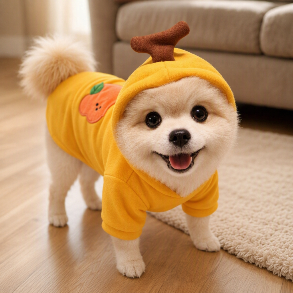 Dog wearing fruit print winter hoodie lifestyle