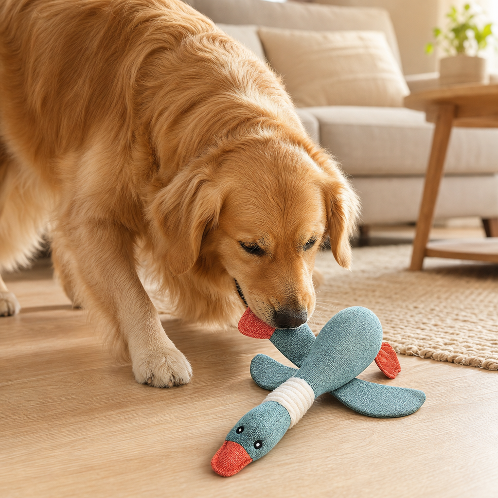 Dog playing with plush hide and seek puzzle toy lifestyle