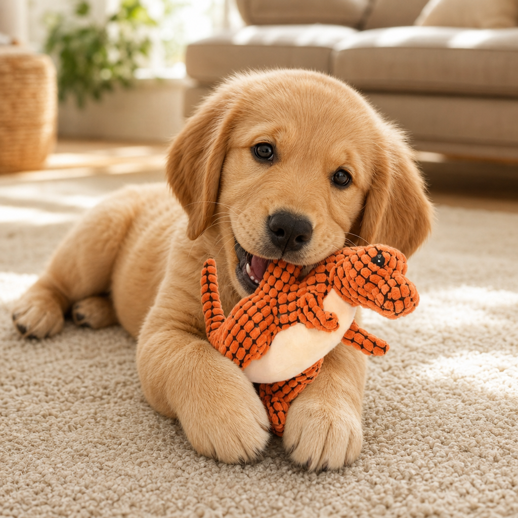 Puppy chewing dinosaur squeaky plush toy lifestyle