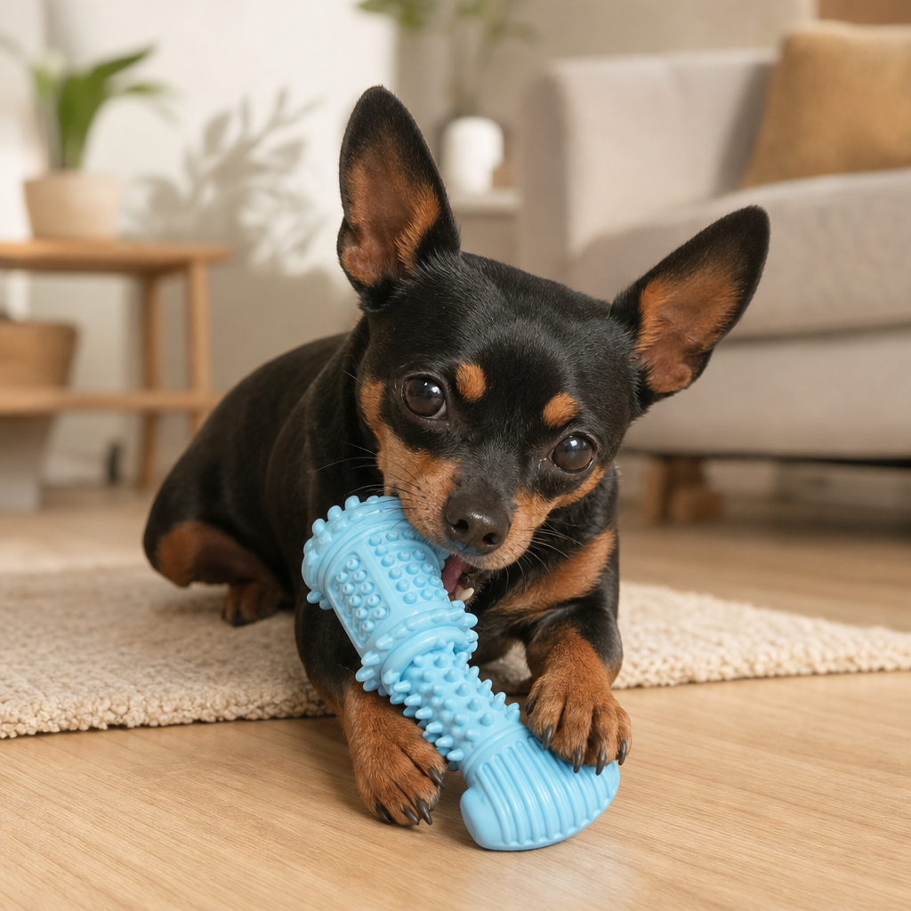 Dog chewing TPR dental chew toy lifestyle
