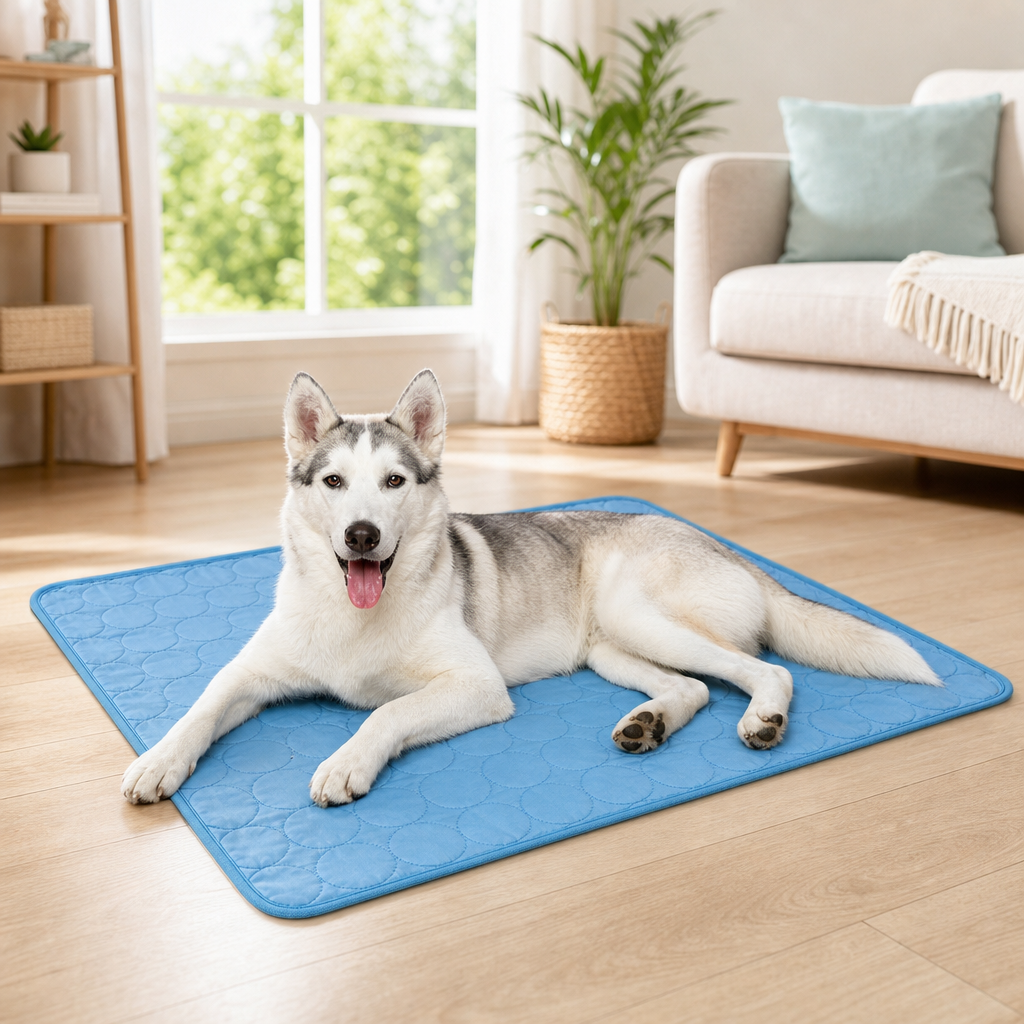Dog lying on summer cooling mat pad lifestyle