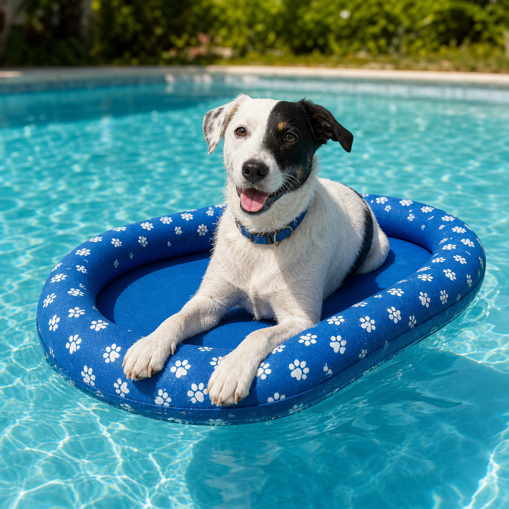 Dog on inflatable pool float in swimming pool lifestyle