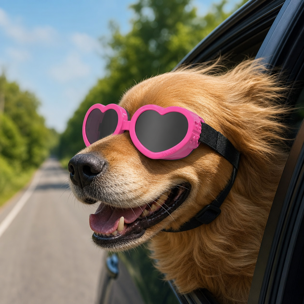 Dog wearing windproof pet goggles in car lifestyle