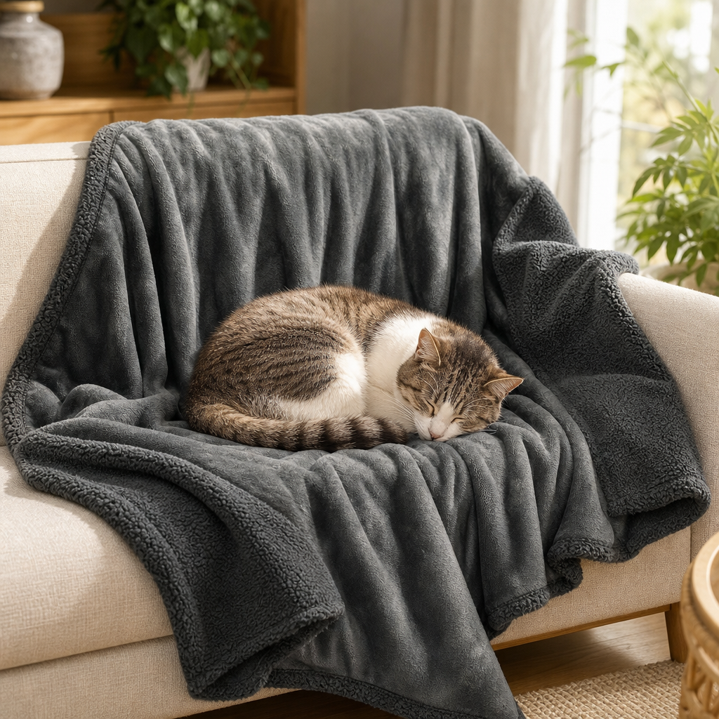 Cat asleep on sherpa fleece pet blanket lifestyle