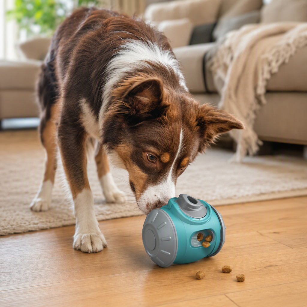 Dog playing with IQ tumbler treat feeder toy lifestyle