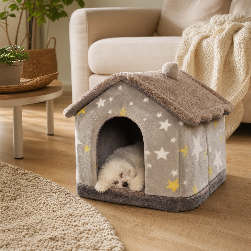 Dog resting inside foldable winter dog house lifestyle