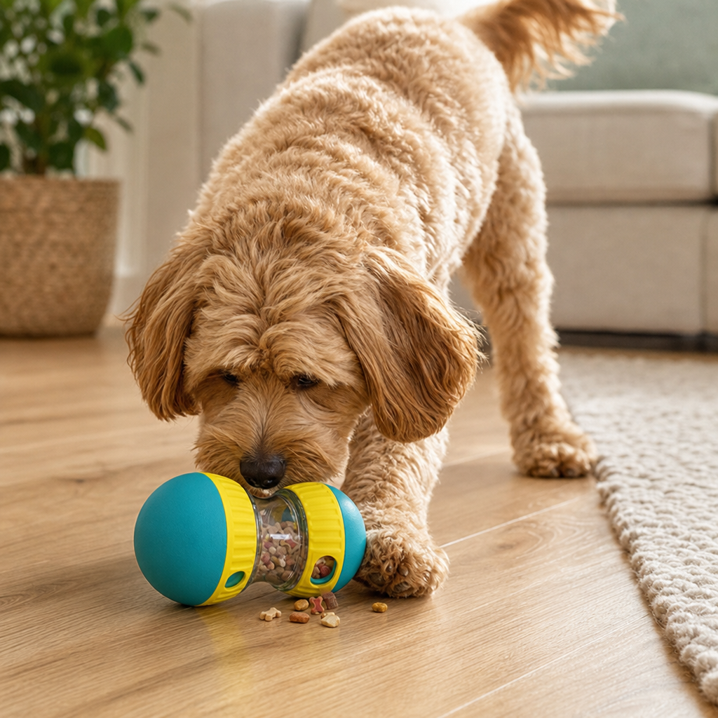 Dog playing with leaky treat puzzle ball lifestyle