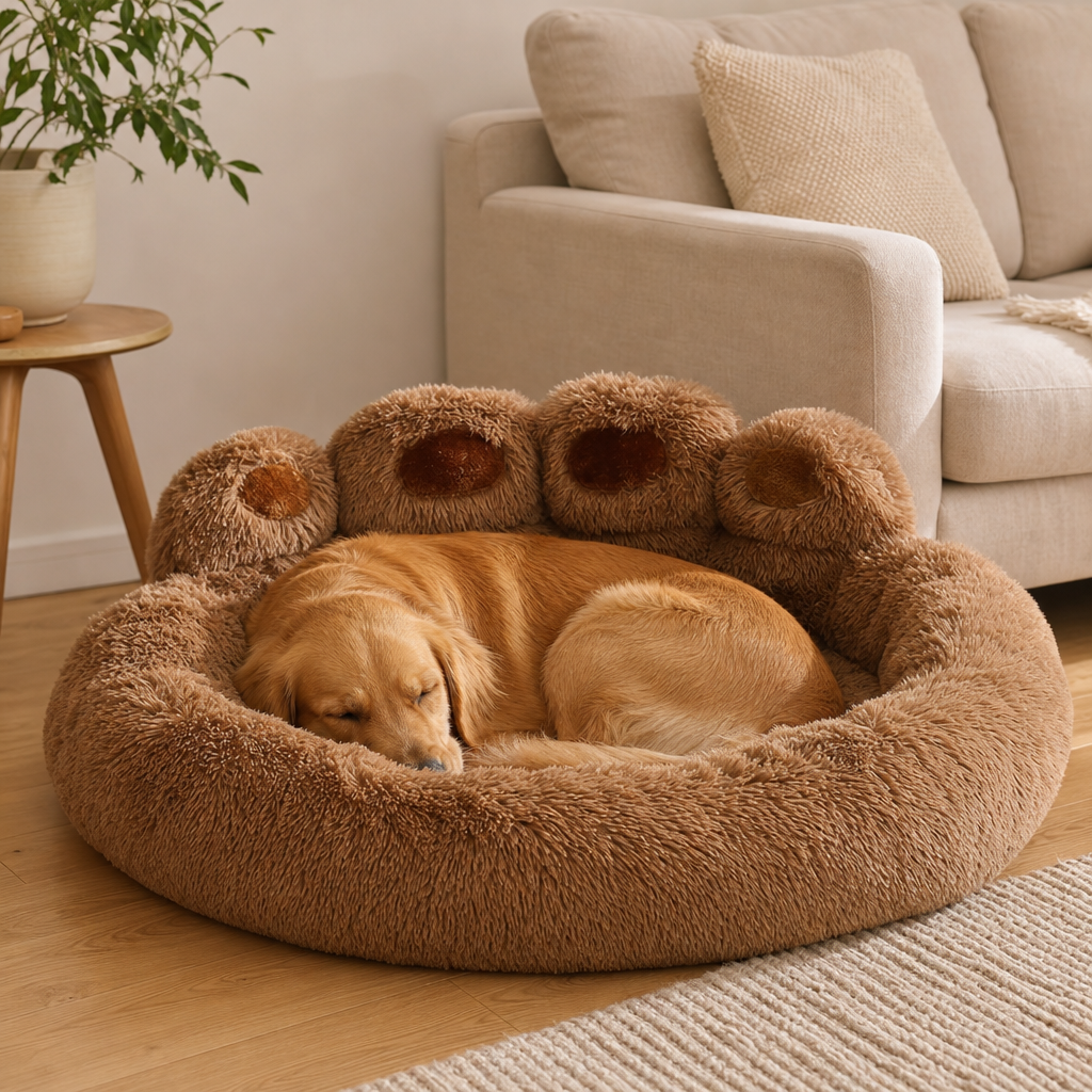 Dog asleep in warm fleece round dog bed lifestyle