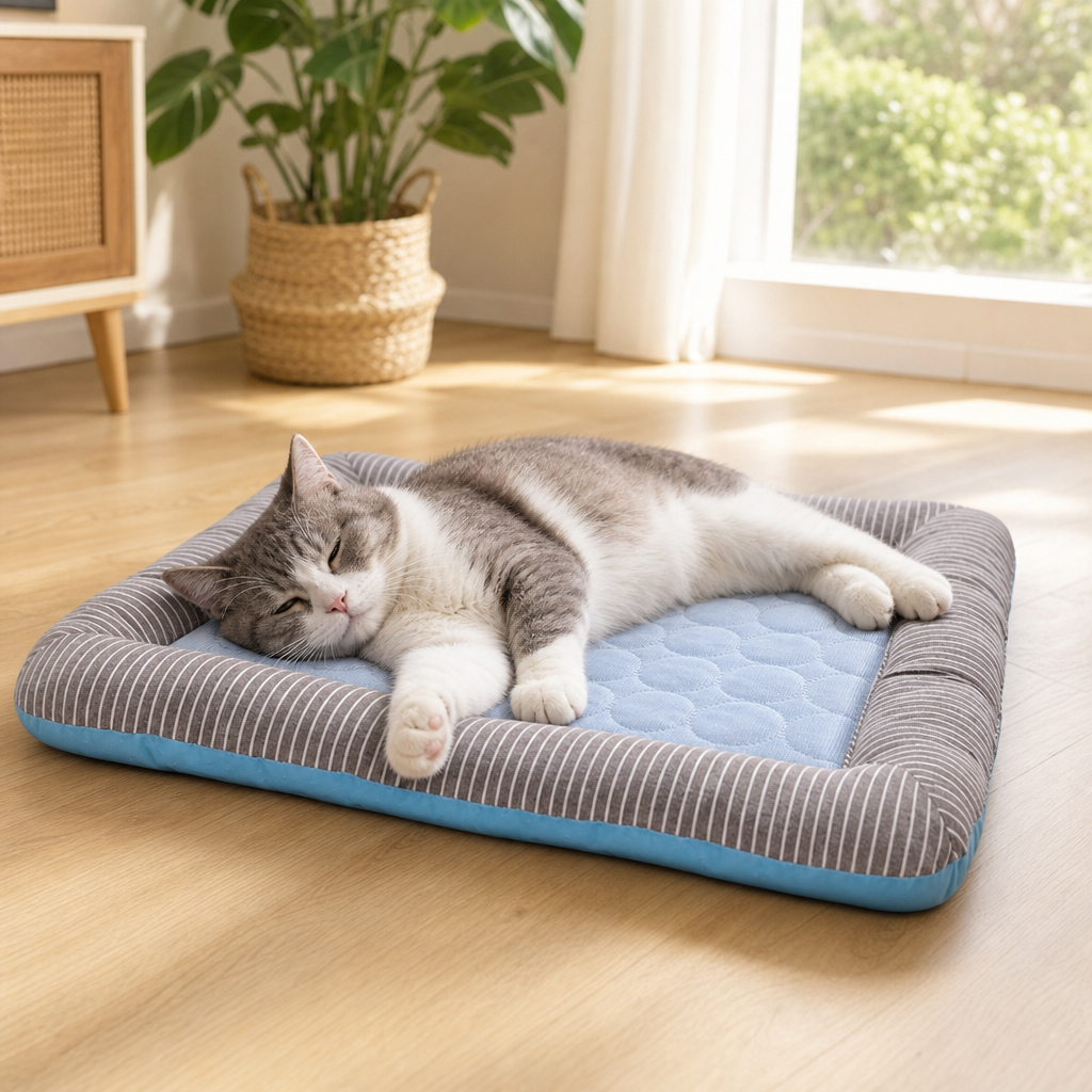 Cat resting on ice silk cooling pad bed lifestyle