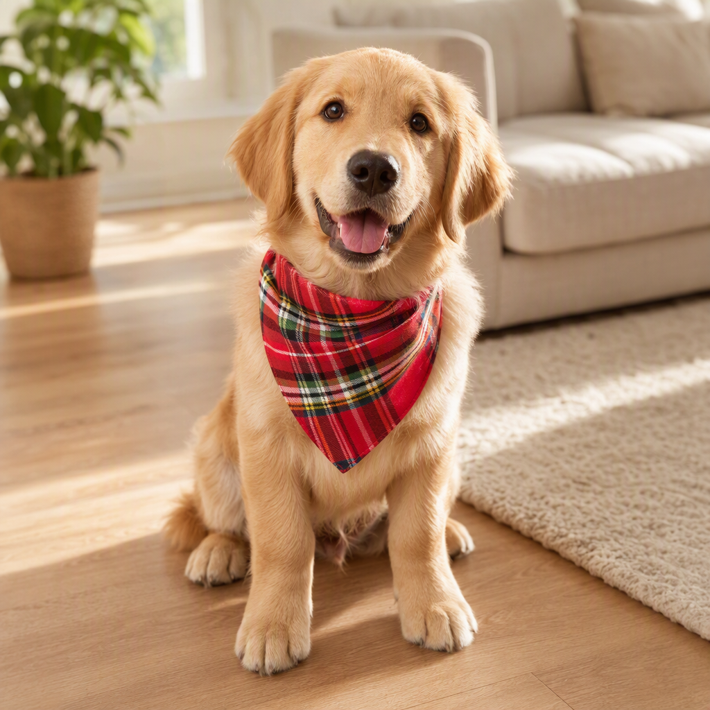 Dog wearing plaid pet bandana lifestyle