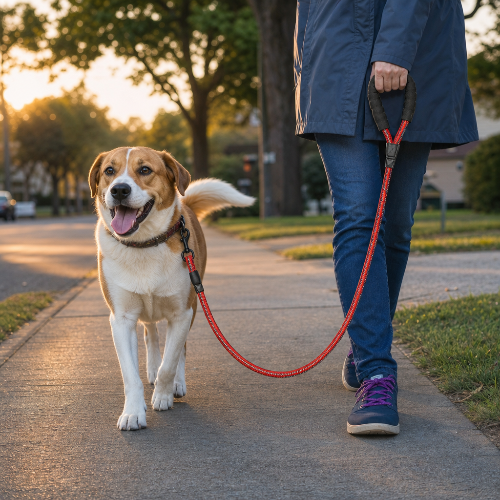 Reflective nylon dog leash on evening walk lifestyle