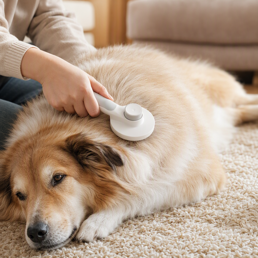 Round handle grooming comb used on dog lifestyle