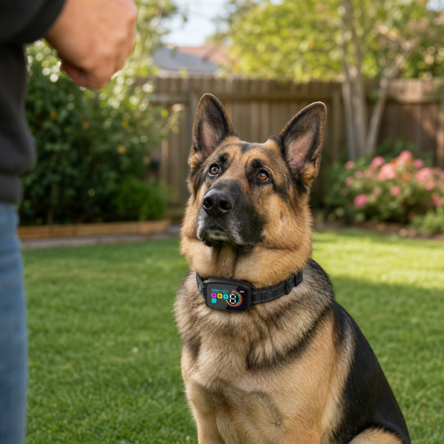 Dog wearing 3-mode bark training collar lifestyle