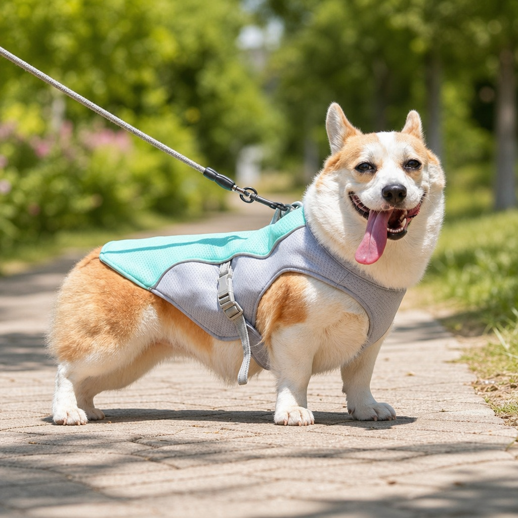 Dog wearing summer cooling vest on walk lifestyle