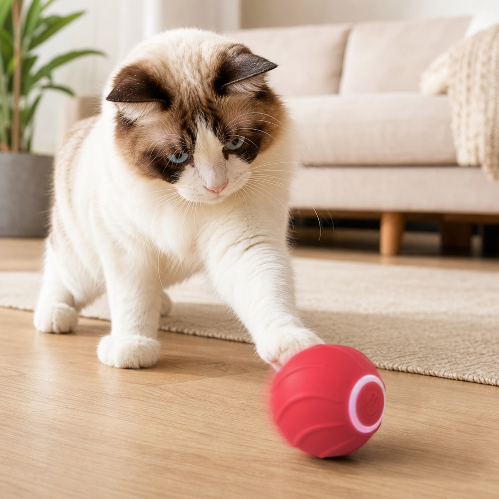 Cat playing with smart rolling ball toy lifestyle