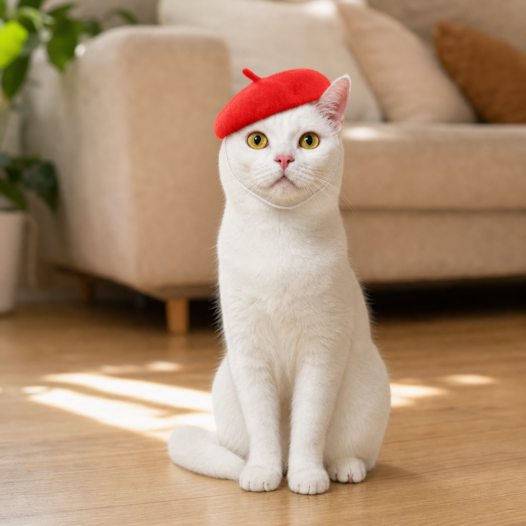 Cat wearing wool pet beret lifestyle