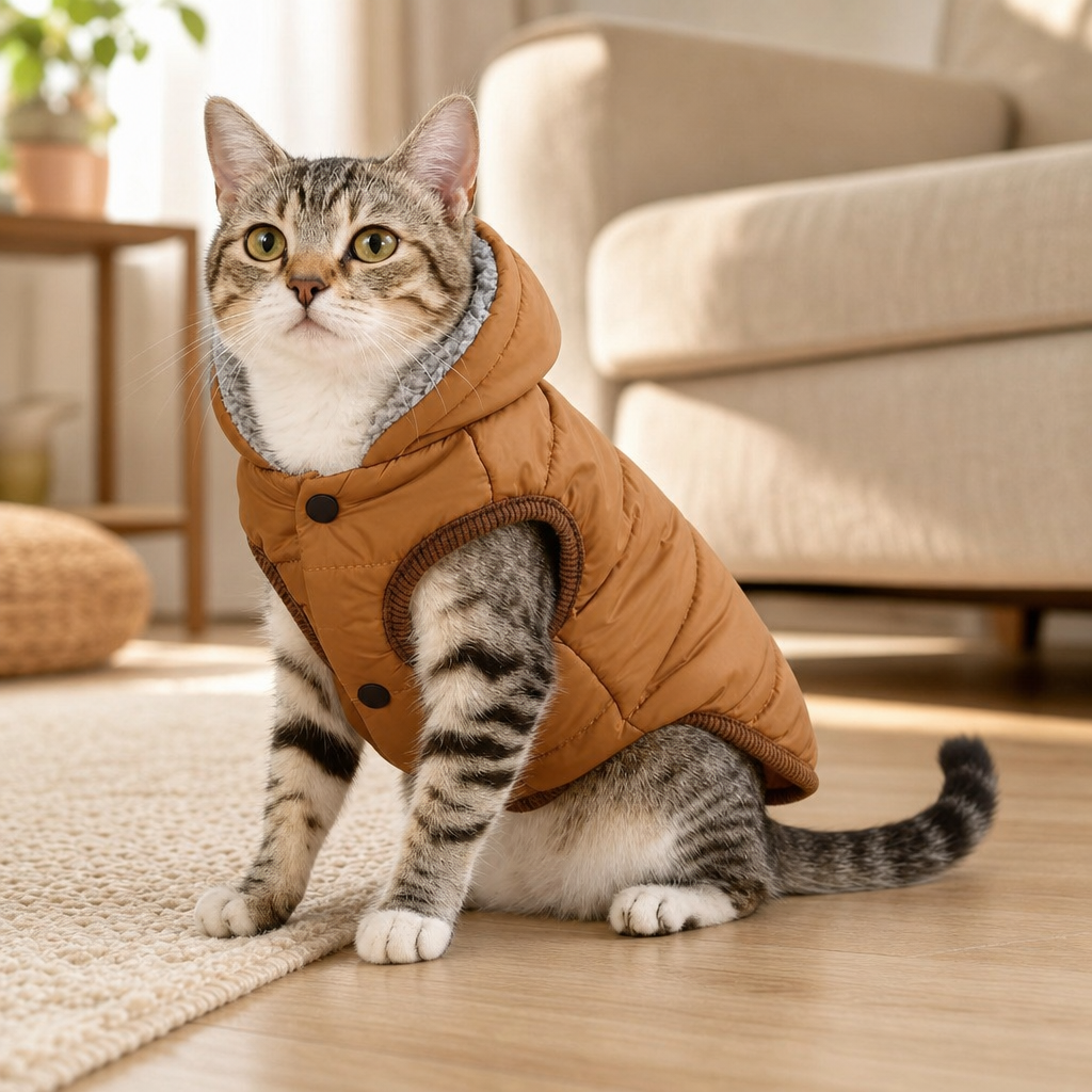 Cat wearing fleece pet hoodie lifestyle