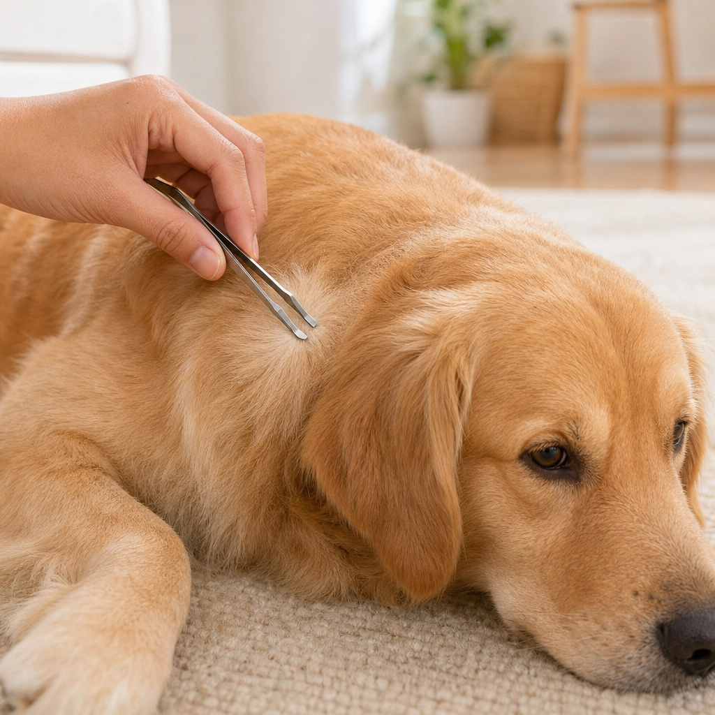 Tick remover tool used on dog coat lifestyle