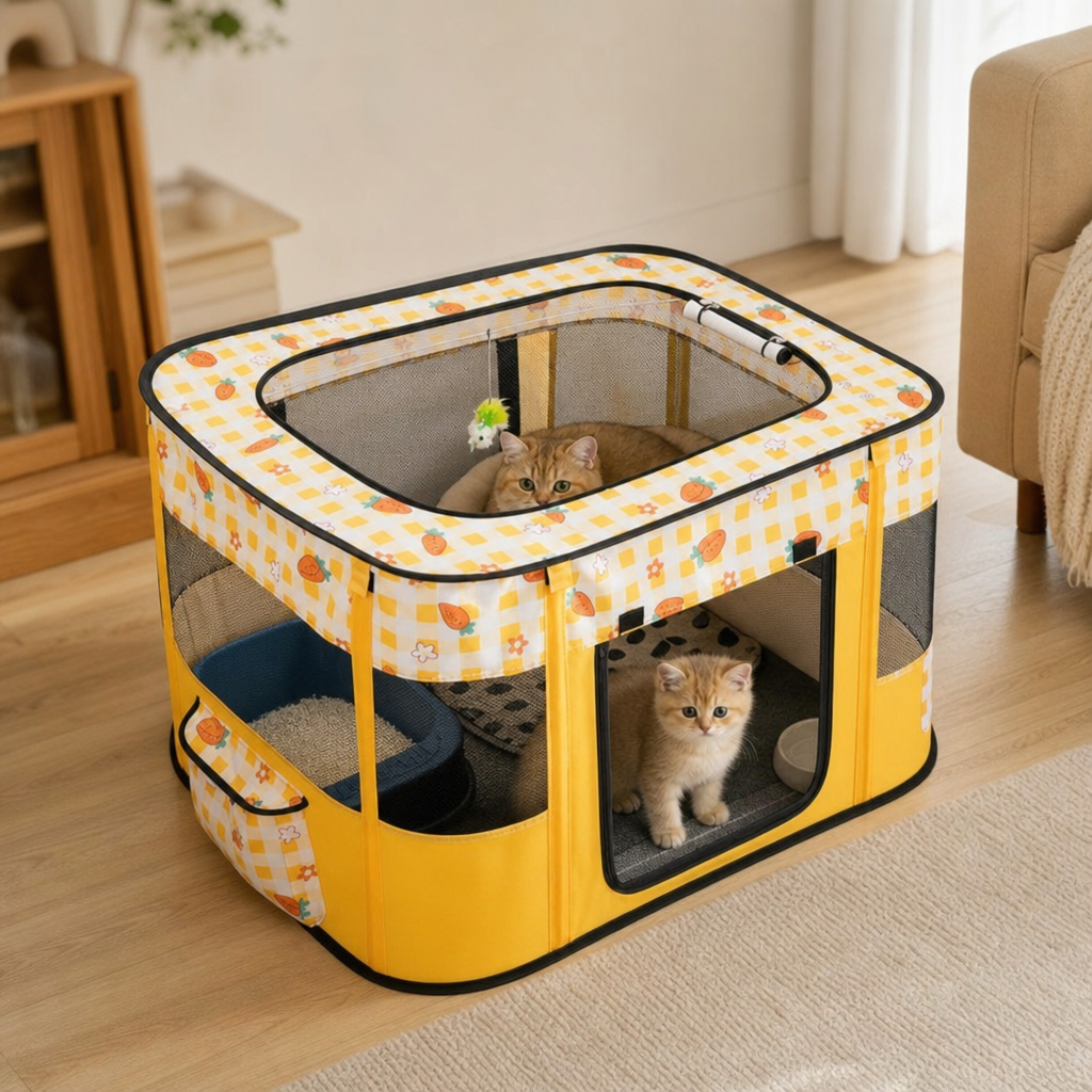 Cat and kitten in folding cat house tent lifestyle