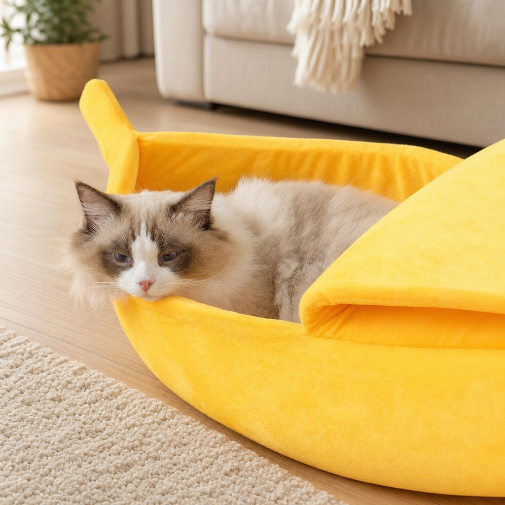 Cat in banana plush sleeping bag lifestyle