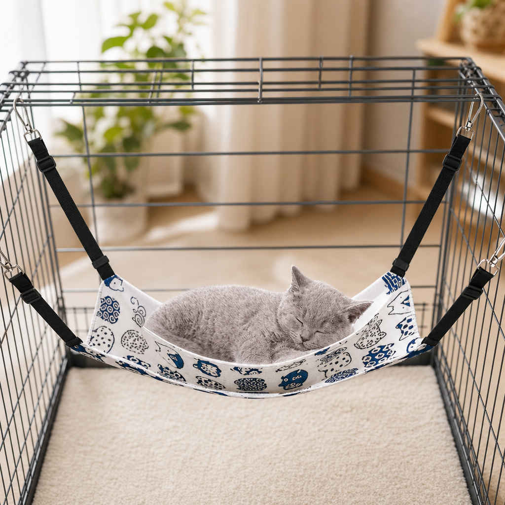 Cat on hanging cage hammock lifestyle