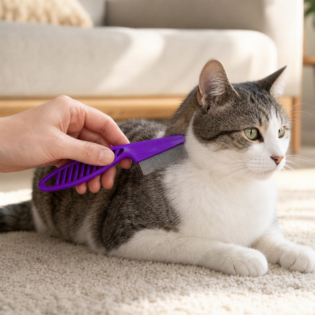 Stainless steel flea comb used on cat lifestyle