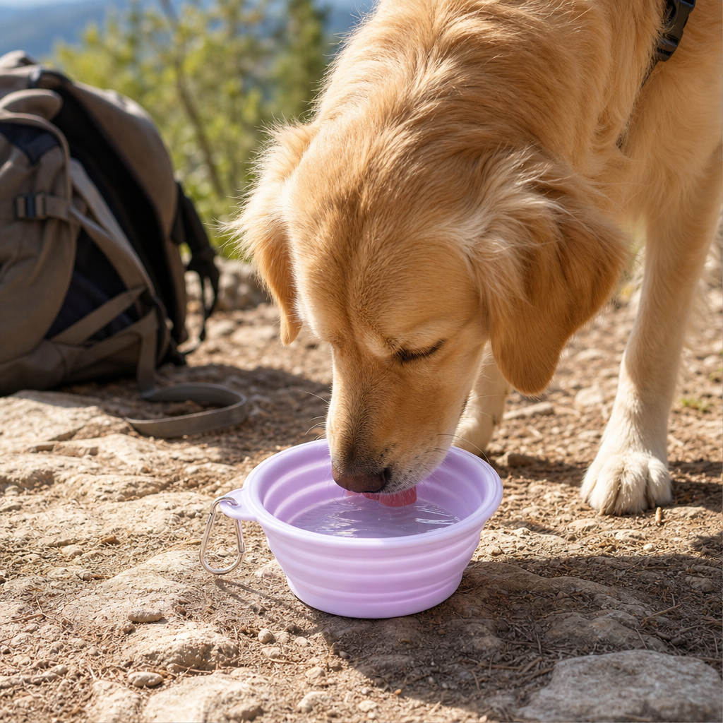 Dog drinking from folding silicone travel bowl lifestyle