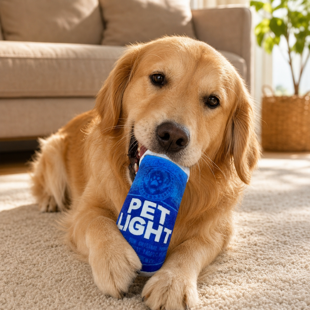 Dog with plush beer bottle squeaky toy lifestyle