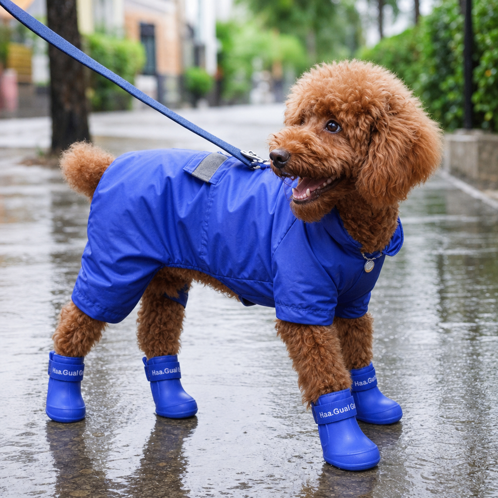 Dog wearing waterproof rain boots on wet sidewalk lifestyle