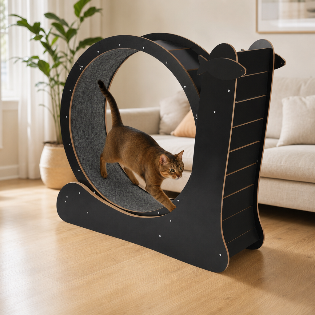 Cat running in large cat exercise wheel lifestyle