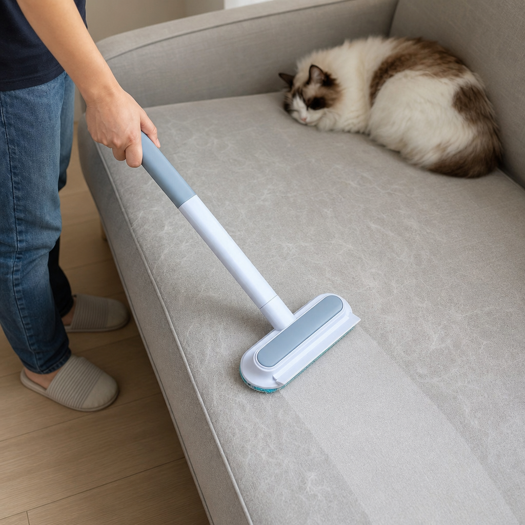 Long handle pet hair remover brush cleaning a sofa cushion