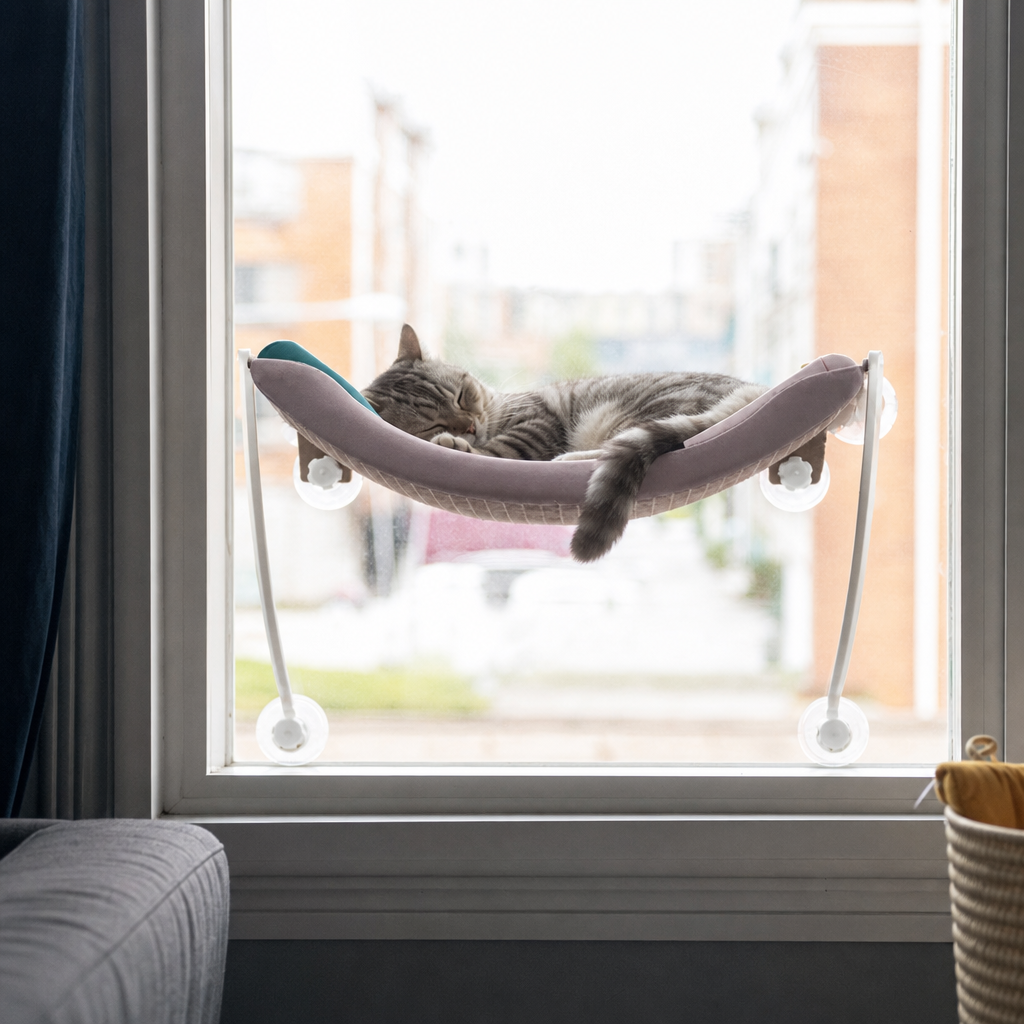 Cat asleep on suction mounted window hammock perch
