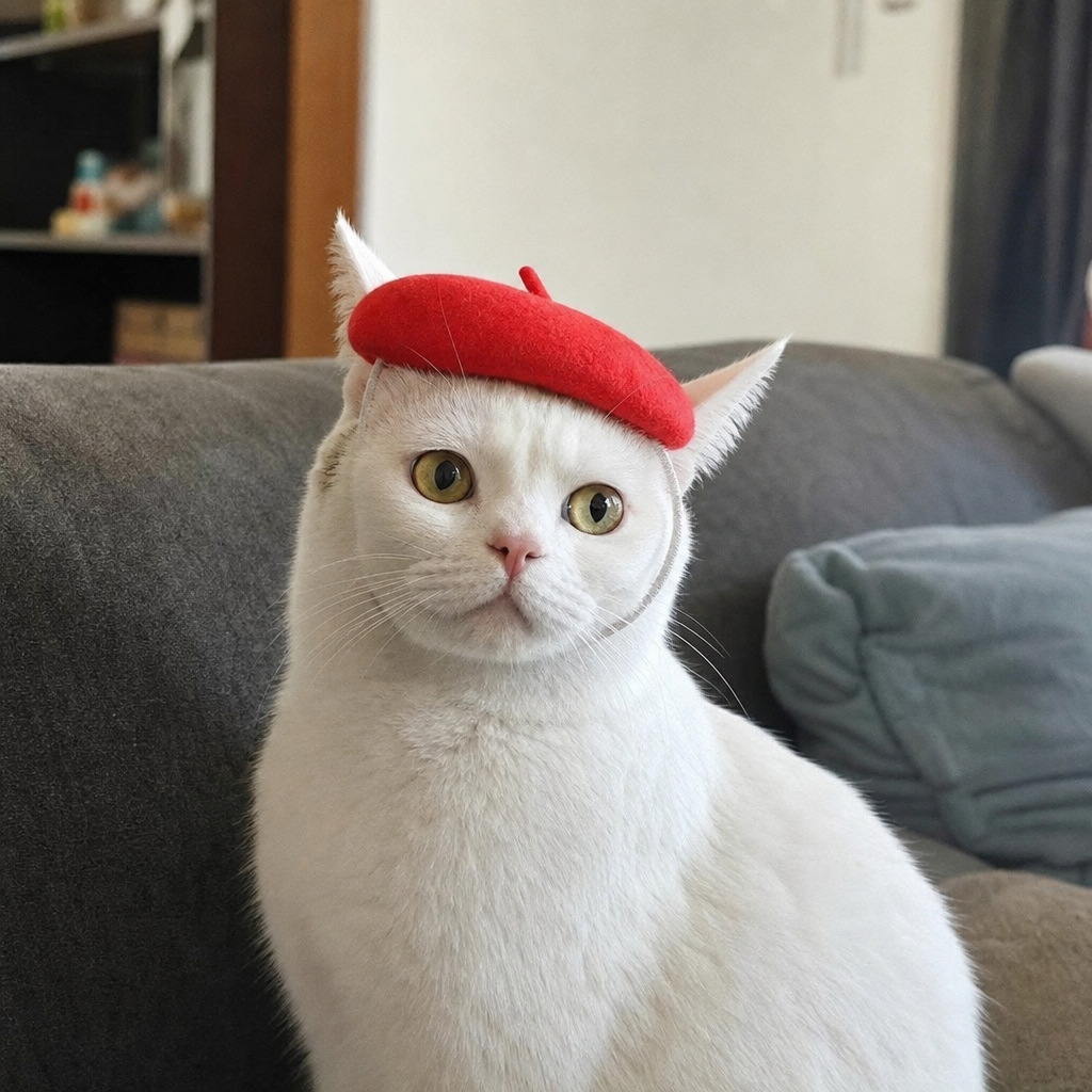 Cat wearing small wool pet beret on a sofa