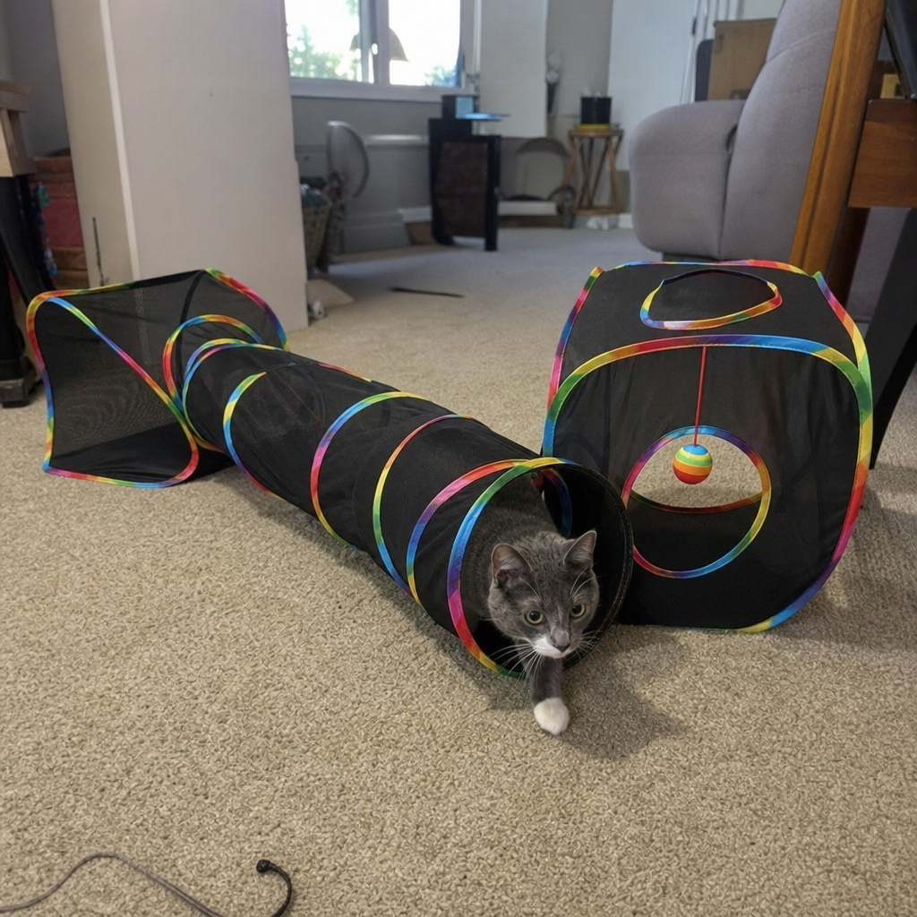 Cat emerging from modular cat tunnel playpen
