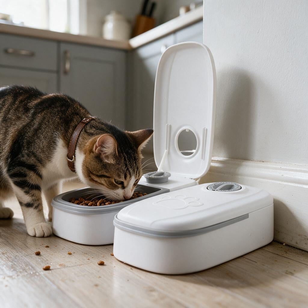 Cat eating from automatic timer pet food dispenser