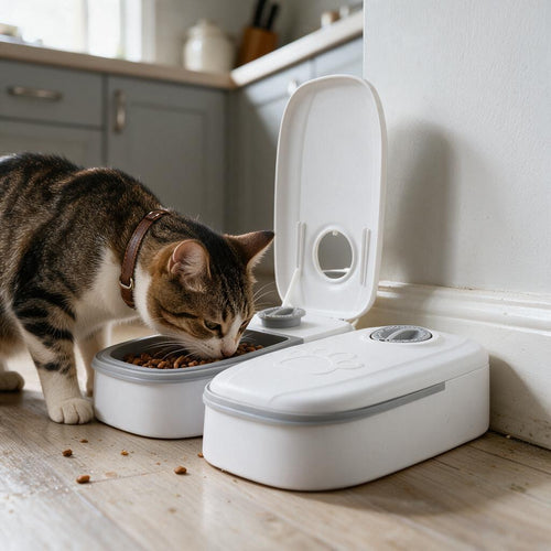 Cat eating from automatic timer pet food dispenser