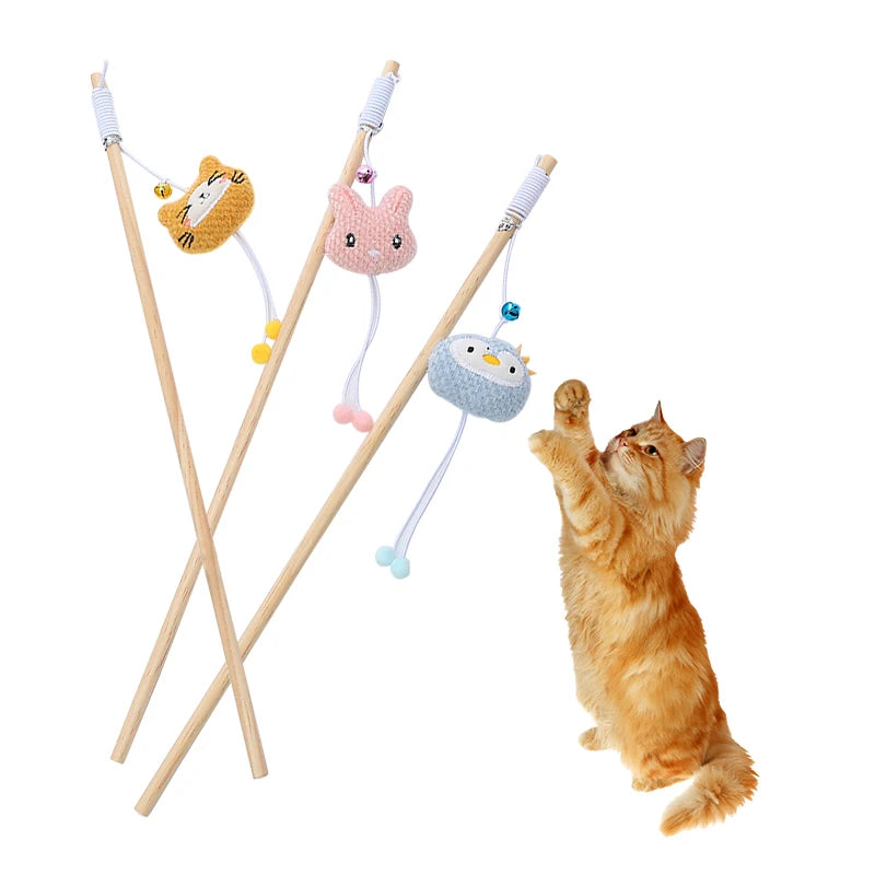 Wooden Cat Teaser Wand - Plush Animal Stick Toy with Bell