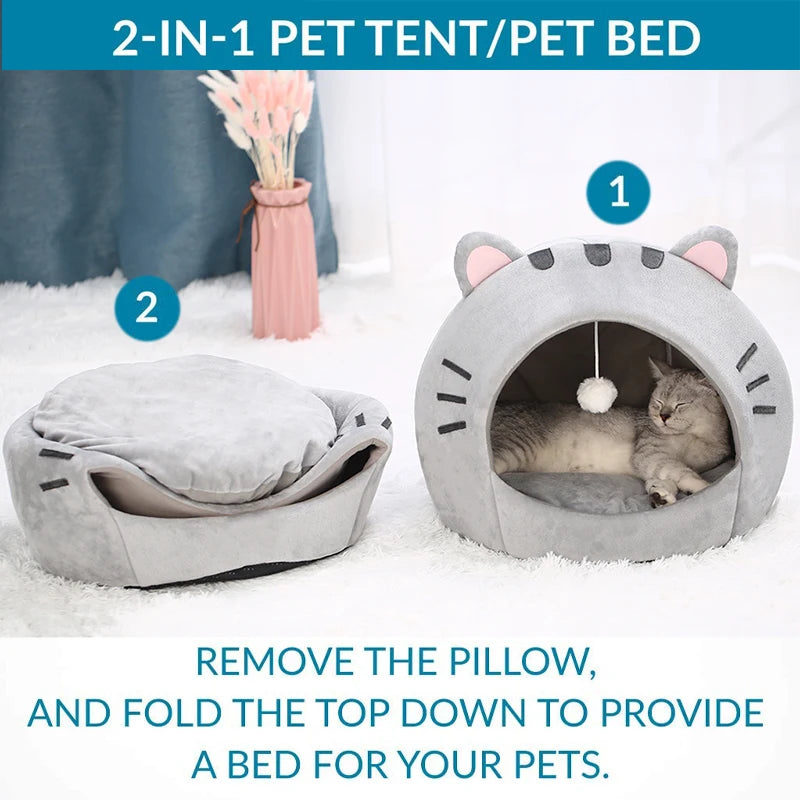 Warm Cat Basket Tent - Cosy Kitten Cave Bed with Cushion