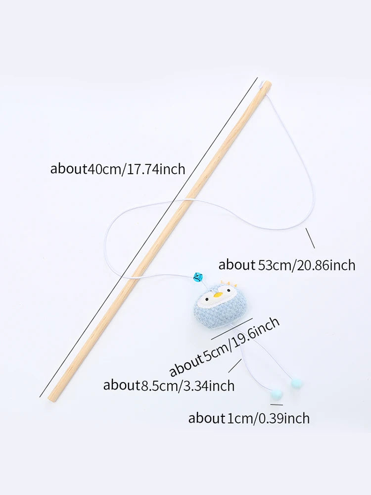 Wooden Cat Teaser Wand - Plush Animal Stick Toy with Bell